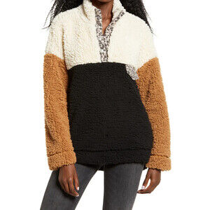 Thread & Supply Teddy Bear Colorblock Fleece Pullover Sweatshirt Black Cream S